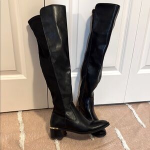 Faux Leather Knee High Riding Boots with Stretch Calf